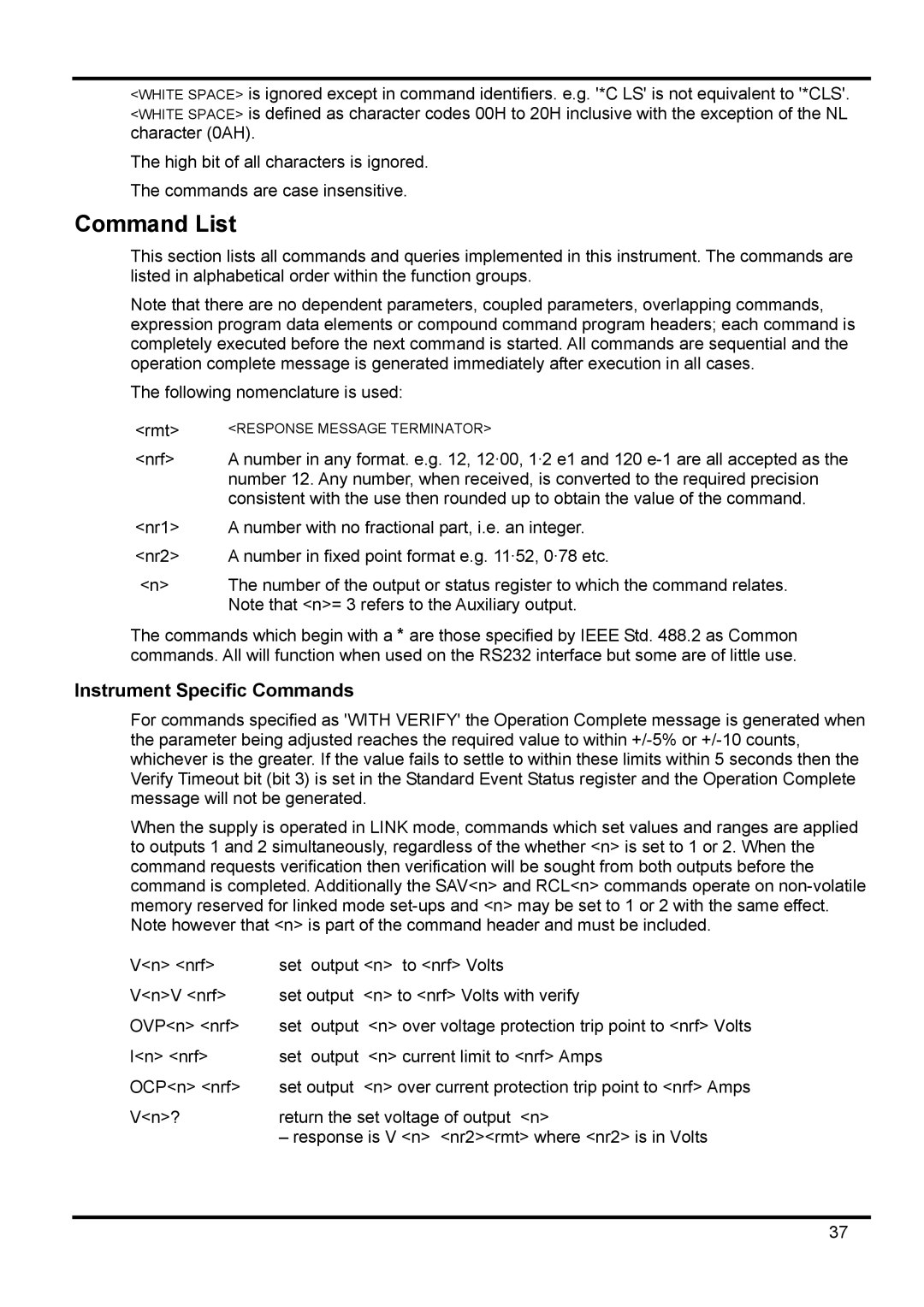 Xantrex Technology XDL 35-5TP manual Command List, Instrument Specific Commands 