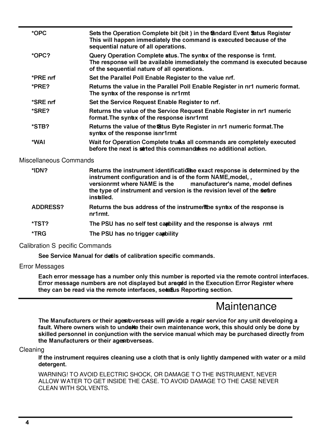 Xantrex Technology XDL 35-5T Maintenance, Miscellaneous Commands, Calibration Specific Commands Error Messages, Cleaning 