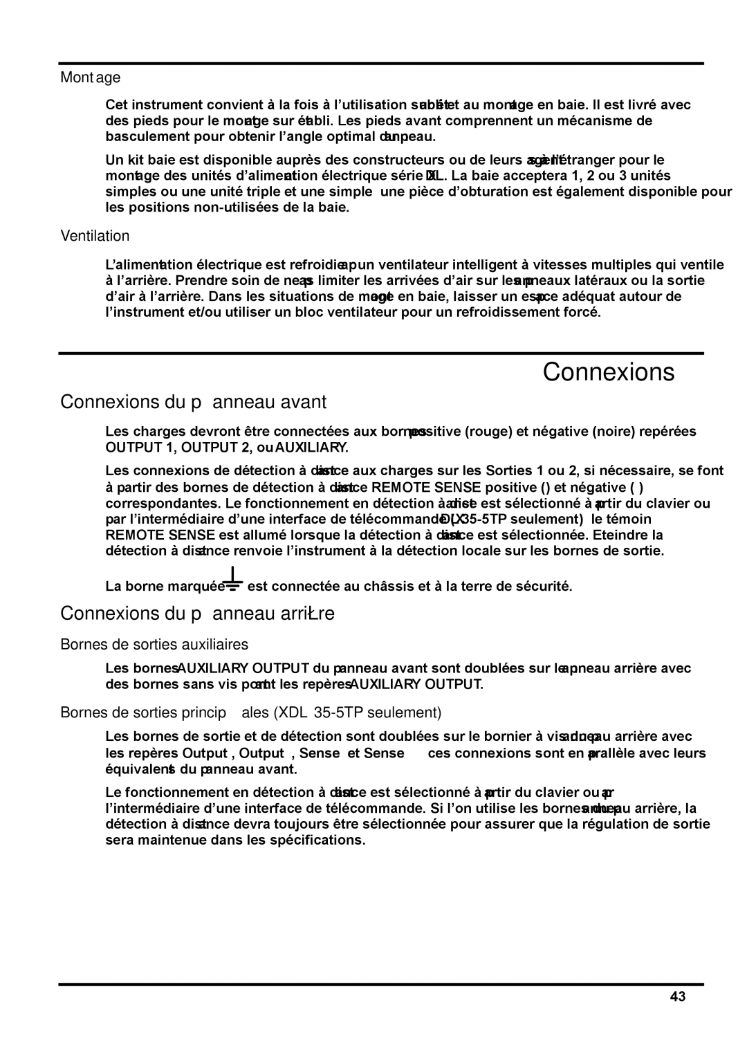 Xantrex Technology XDL 35-5TP manual Connexions du panneau avant, Connexions du panneau arrière 