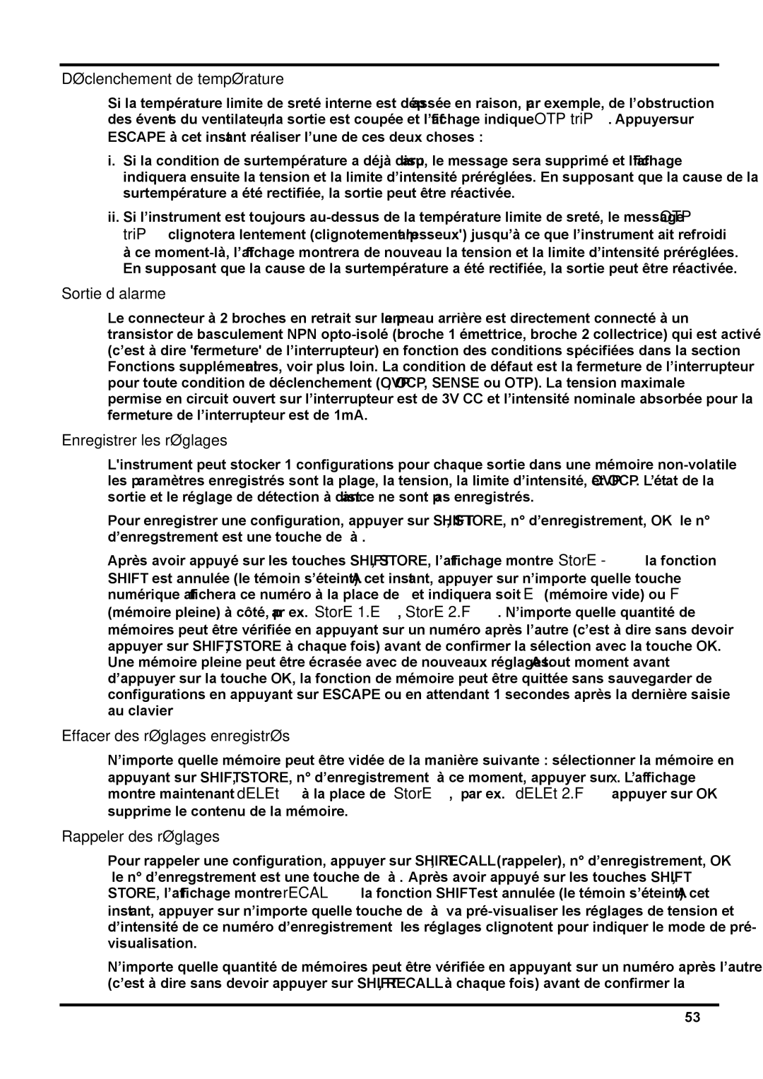 Xantrex Technology XDL 35-5TP manual Déclenchement de température, Sortie d’alarme, Enregistrer les réglages 