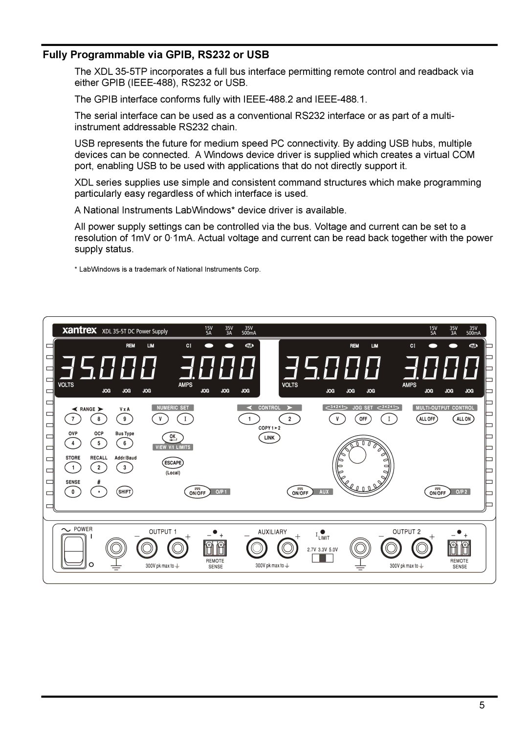 Xantrex Technology XDL 35-5TP manual Fully Programmable via GPIB, RS232 or USB 