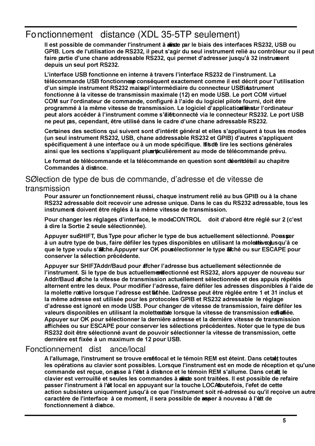 Xantrex Technology manual Fonctionnement à distance XDL 35-5TP seulement, Fonctionnement à distance/local 