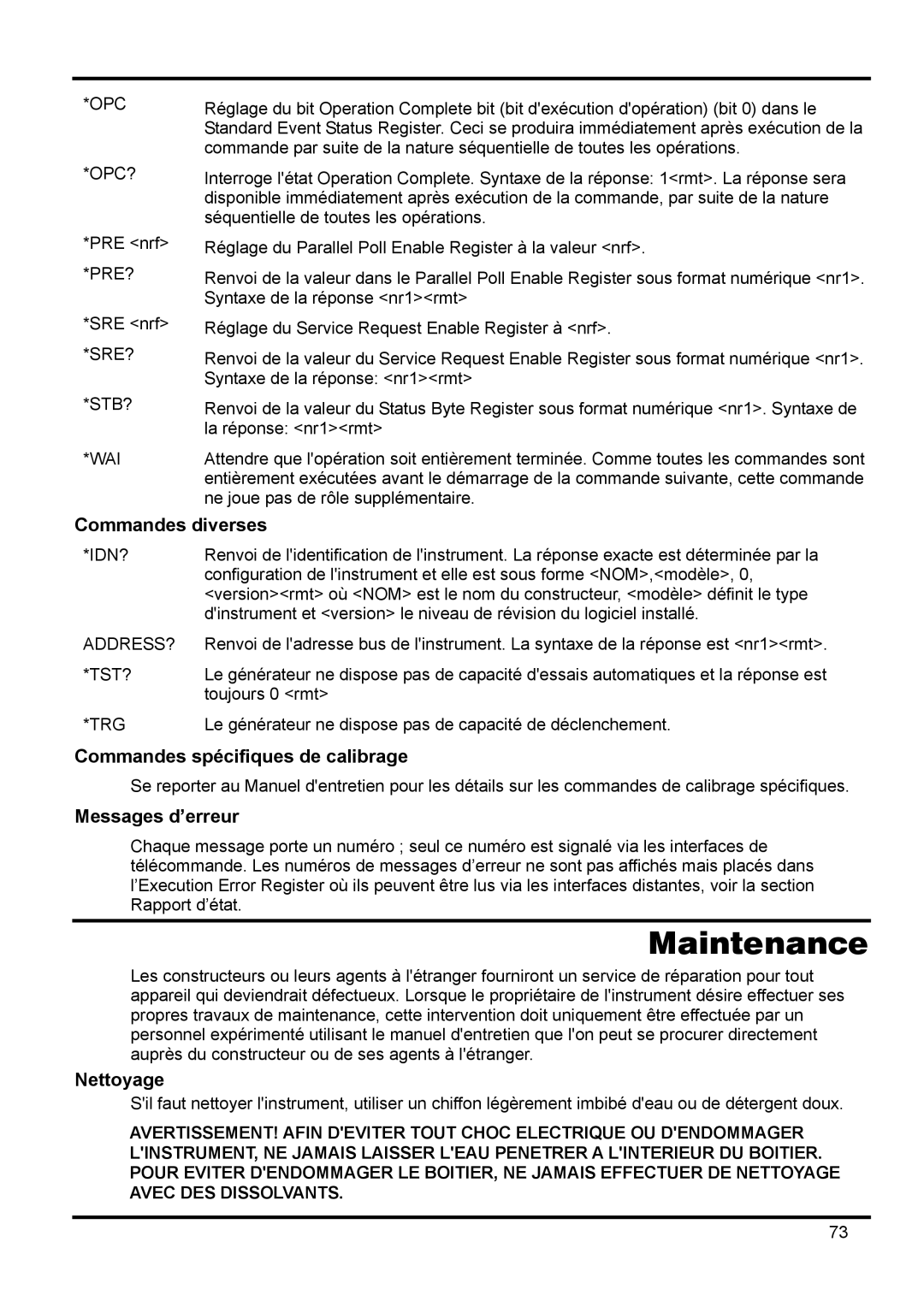 Xantrex Technology XDL 35-5T manual Commandes diverses, Commandes spécifiques de calibrage, Messages d’erreur, Nettoyage 