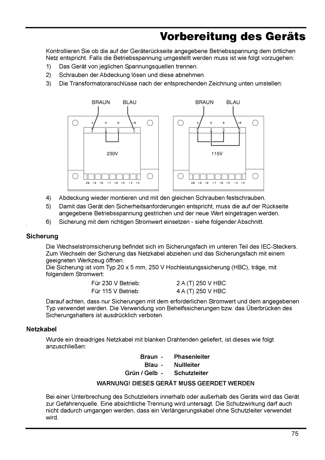 Xantrex Technology XDL 35-5TP manual Vorbereitung des Geräts, Sicherung, Netzkabel 