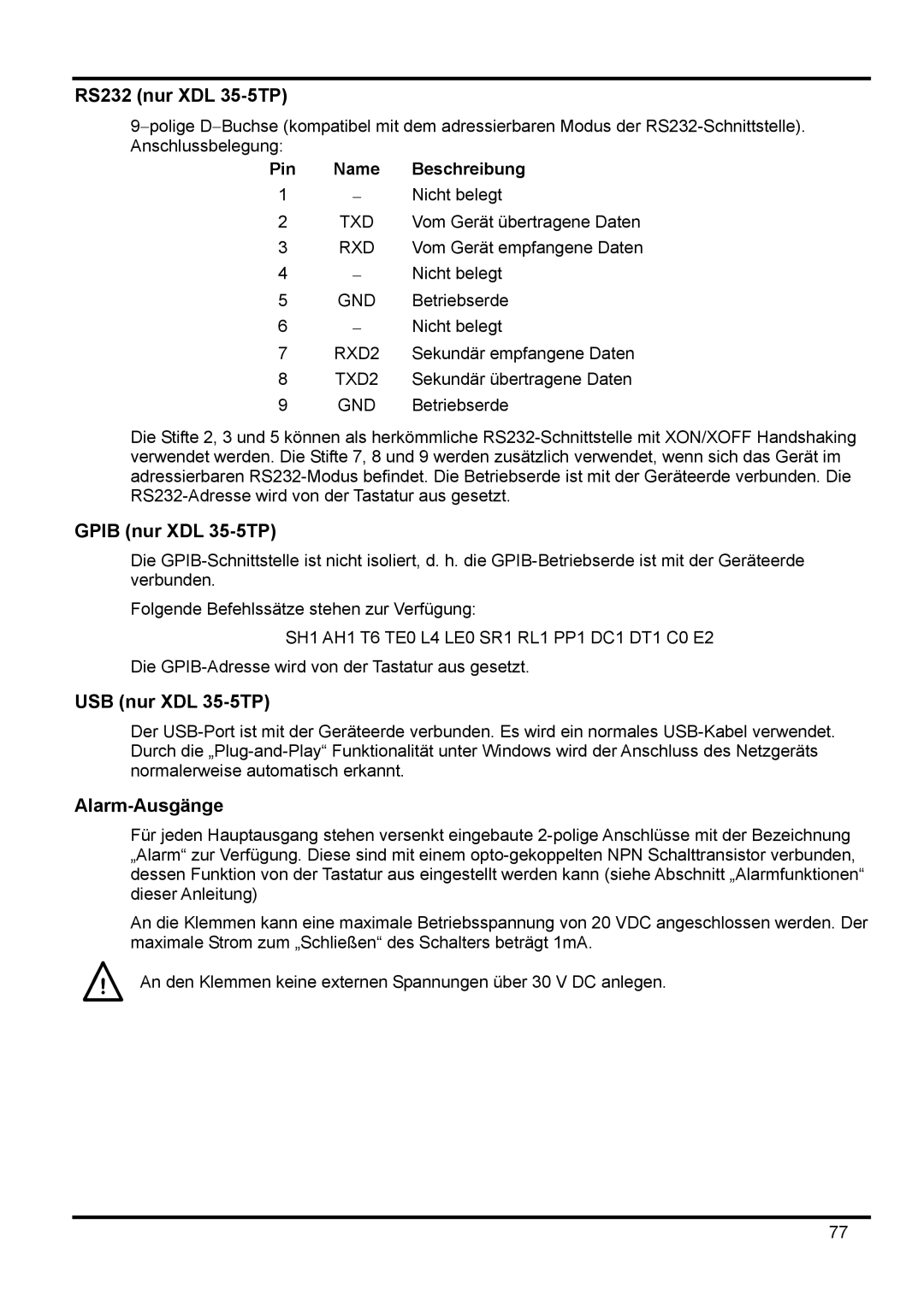 Xantrex Technology RS232 nur XDL 35-5TP, Gpib nur XDL 35-5TP, USB nur XDL 35-5TP, Alarm-Ausgänge, Pin Name Beschreibung 