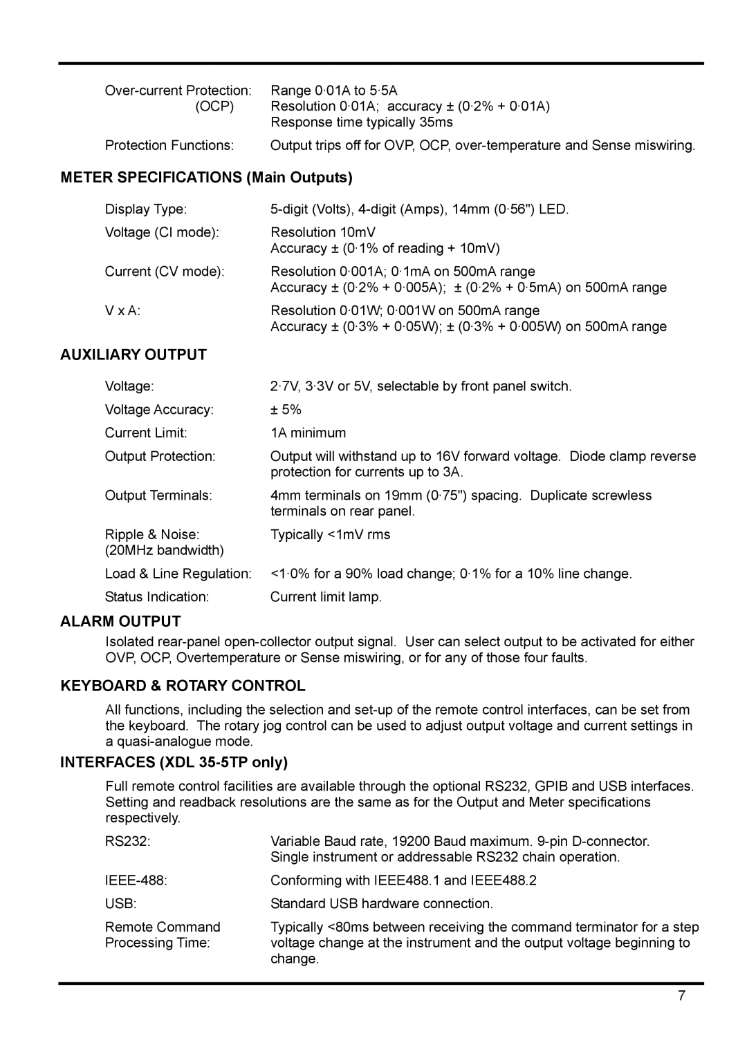 Xantrex Technology manual Meter Specifications Main Outputs, Interfaces XDL 35-5TP only, Ocp, Usb 