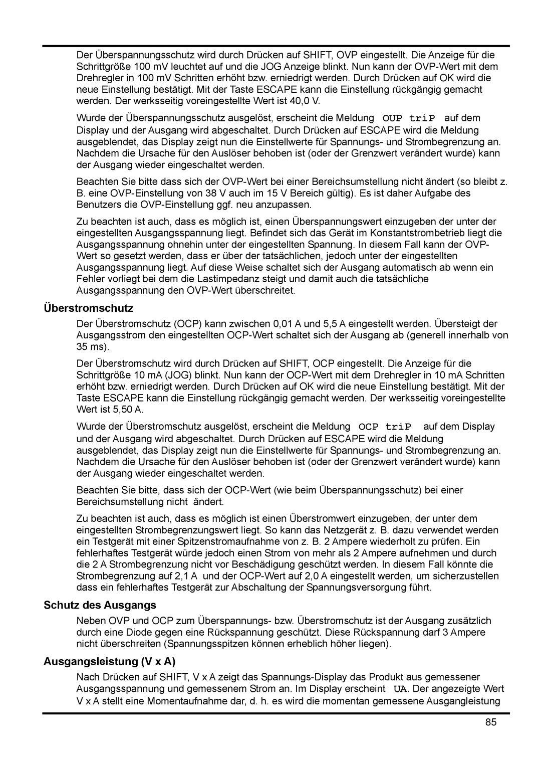 Xantrex Technology XDL 35-5TP manual Überstromschutz, Schutz des Ausgangs, Ausgangsleistung V x a 