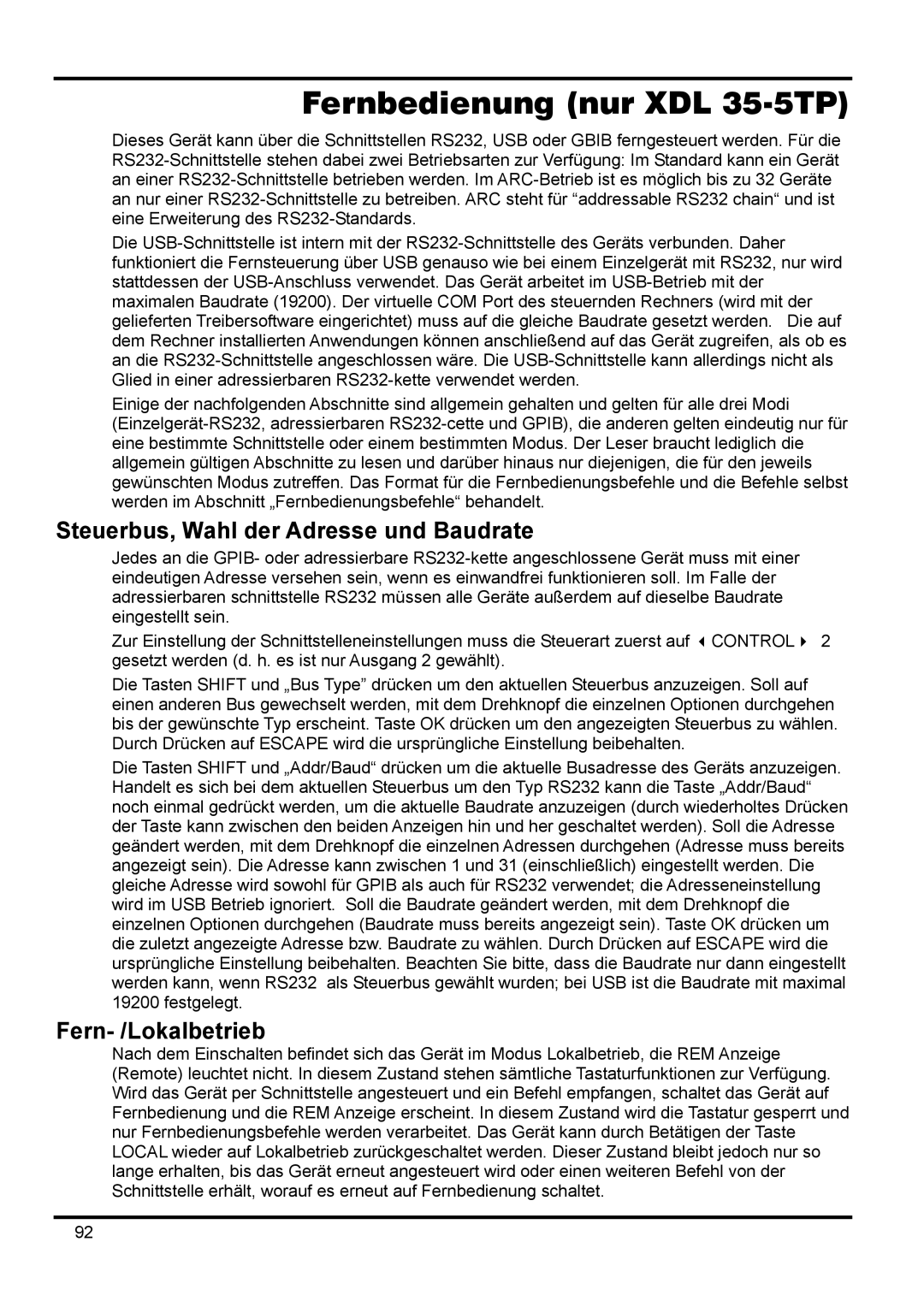 Xantrex Technology manual Fernbedienung nur XDL 35-5TP, Steuerbus, Wahl der Adresse und Baudrate, Fern- /Lokalbetrieb 