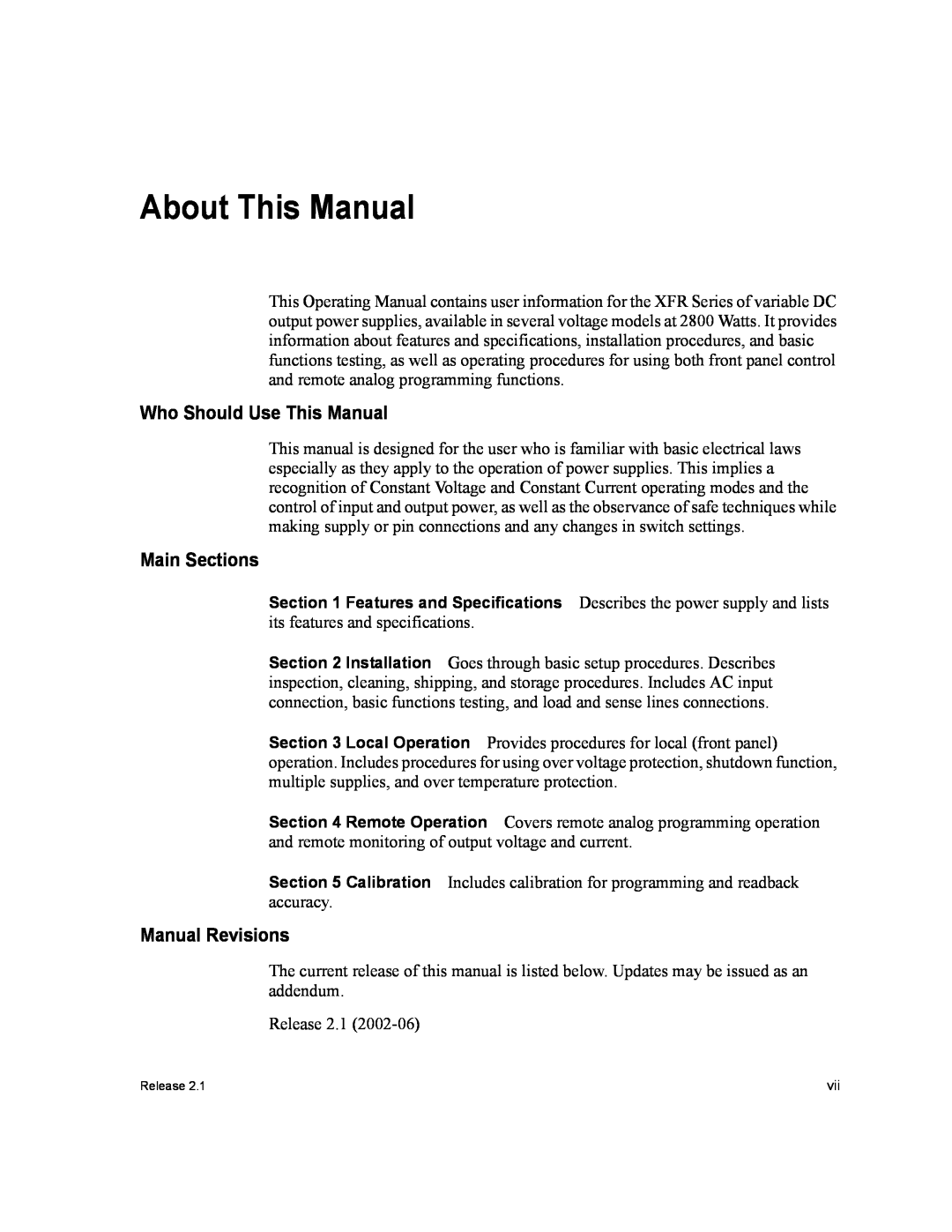 Xantrex Technology XFR 2800 manual Who Should Use This Manual, Main Sections, Manual Revisions, About This Manual 