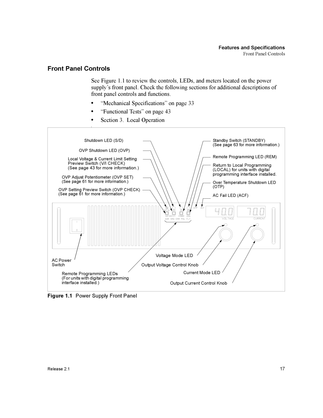 Xantrex Technology XFR 2800 manual Front Panel Controls, Power Supply Front Panel 