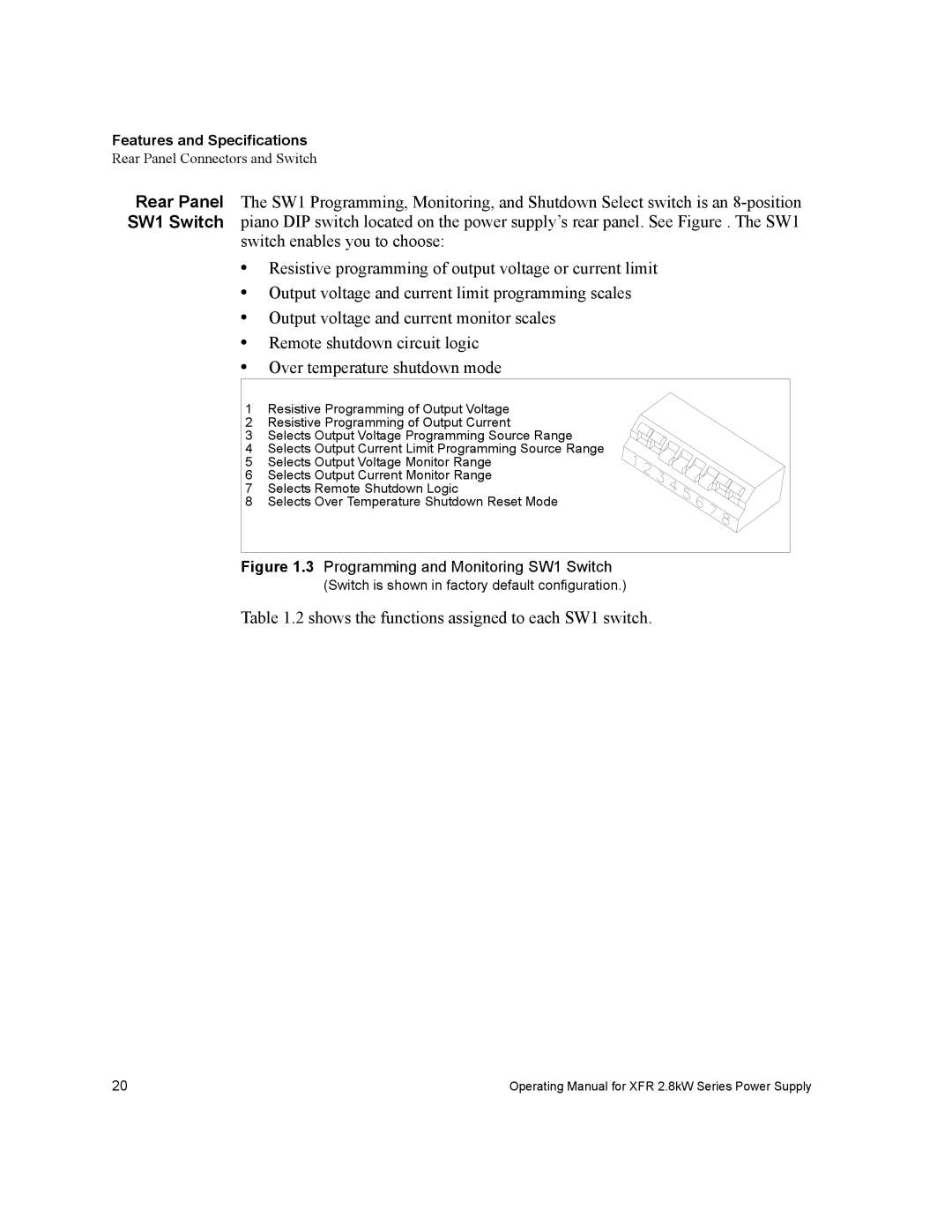 Xantrex Technology XFR 2800 manual Shows the functions assigned to each SW1 switch 