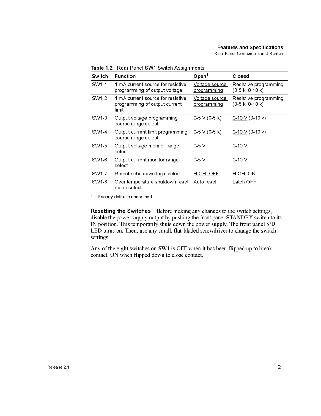 Xantrex Technology XFR 2800 manual Switch Function Open Closed, High=Off High=On 