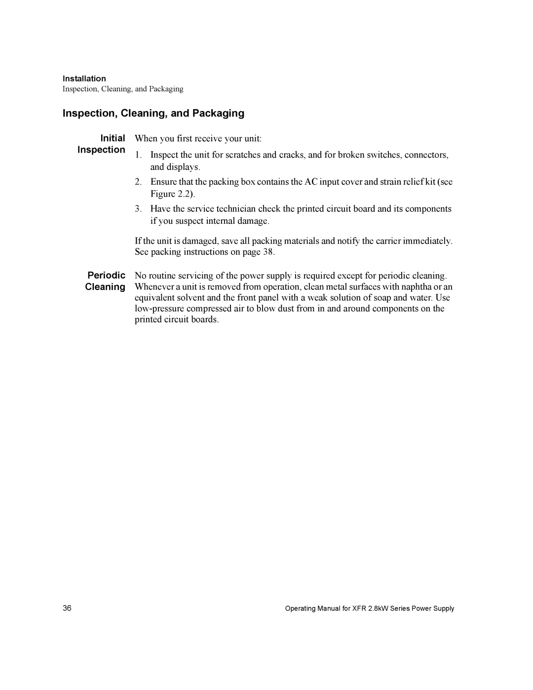 Xantrex Technology XFR 2800 manual Inspection, Cleaning, and Packaging, Initial Inspection Periodic Cleaning 