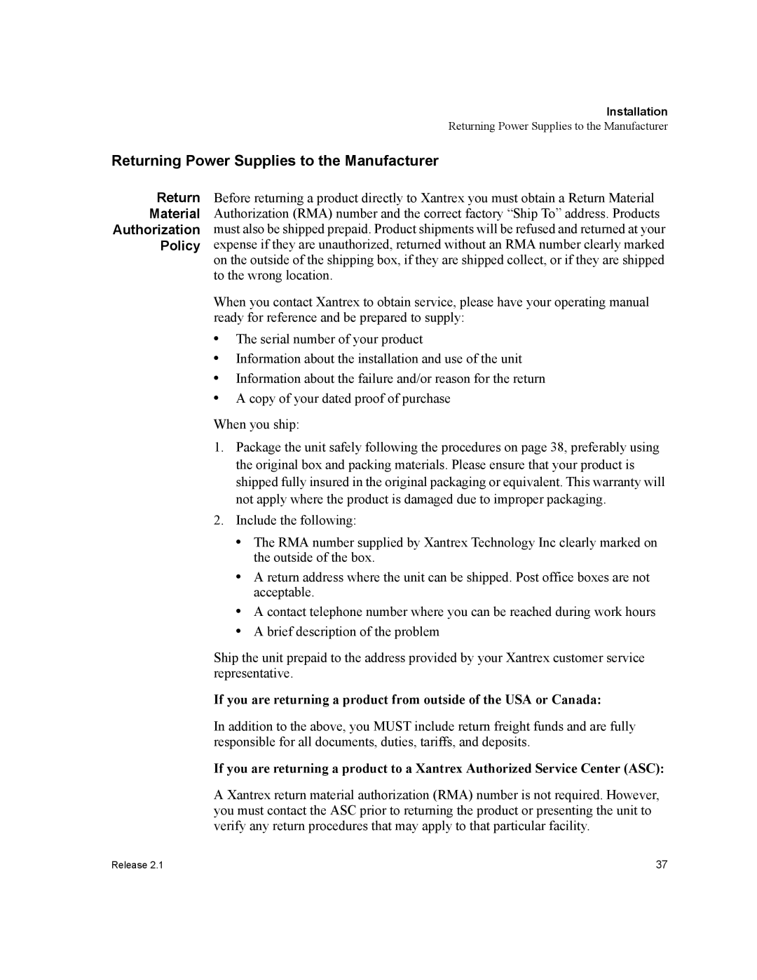 Xantrex Technology XFR 2800 manual Returning Power Supplies to the Manufacturer 