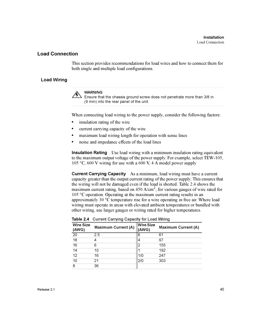 Xantrex Technology XFR 2800 manual Load Connection, Load Wiring, Wire Size Maximum Current a 