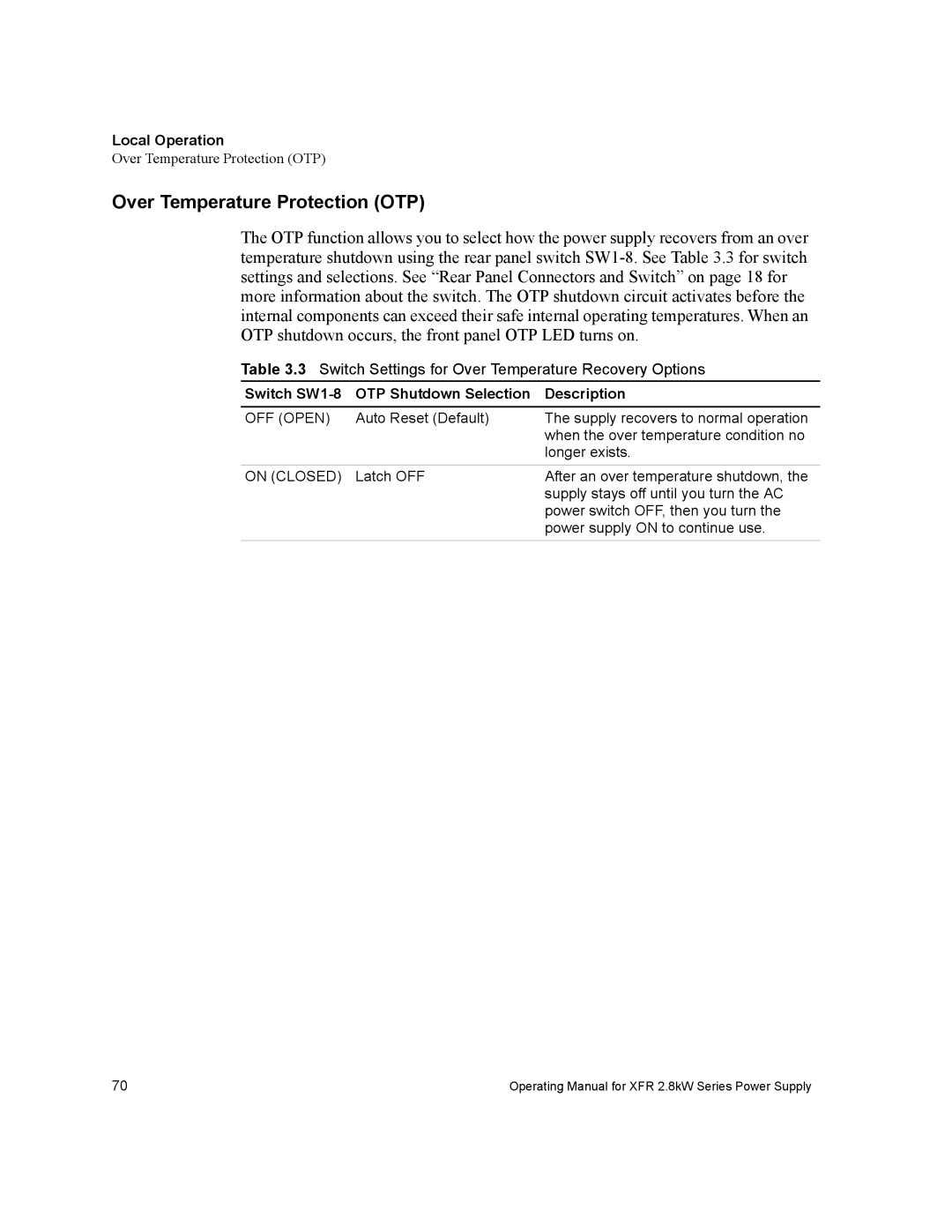 Xantrex Technology XFR 2800 manual Over Temperature Protection OTP, Switch SW1-8 OTP Shutdown Selection Description 