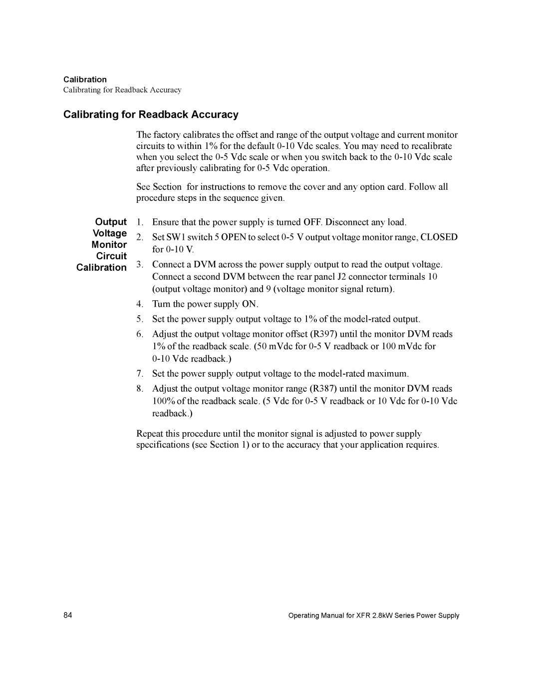 Xantrex Technology XFR 2800 manual Calibrating for Readback Accuracy, Output Voltage Monitor Circuit Calibration 