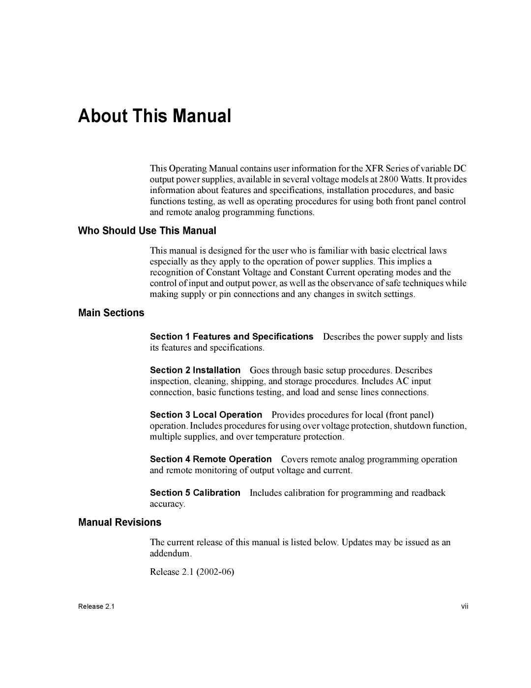 Xantrex Technology XFR 2800 manual Who Should Use This Manual, Main Sections, Manual Revisions 