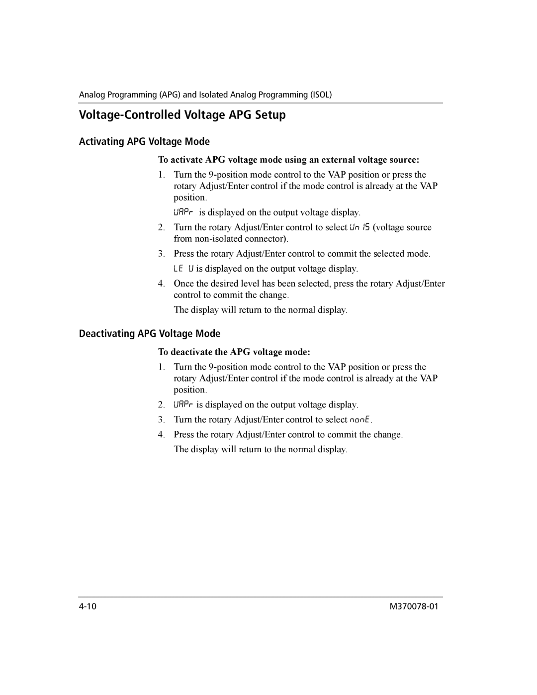 Xantrex Technology XG 850 Voltage-Controlled Voltage APG Setup, Activating APG Voltage Mode, Deactivating APG Voltage Mode 