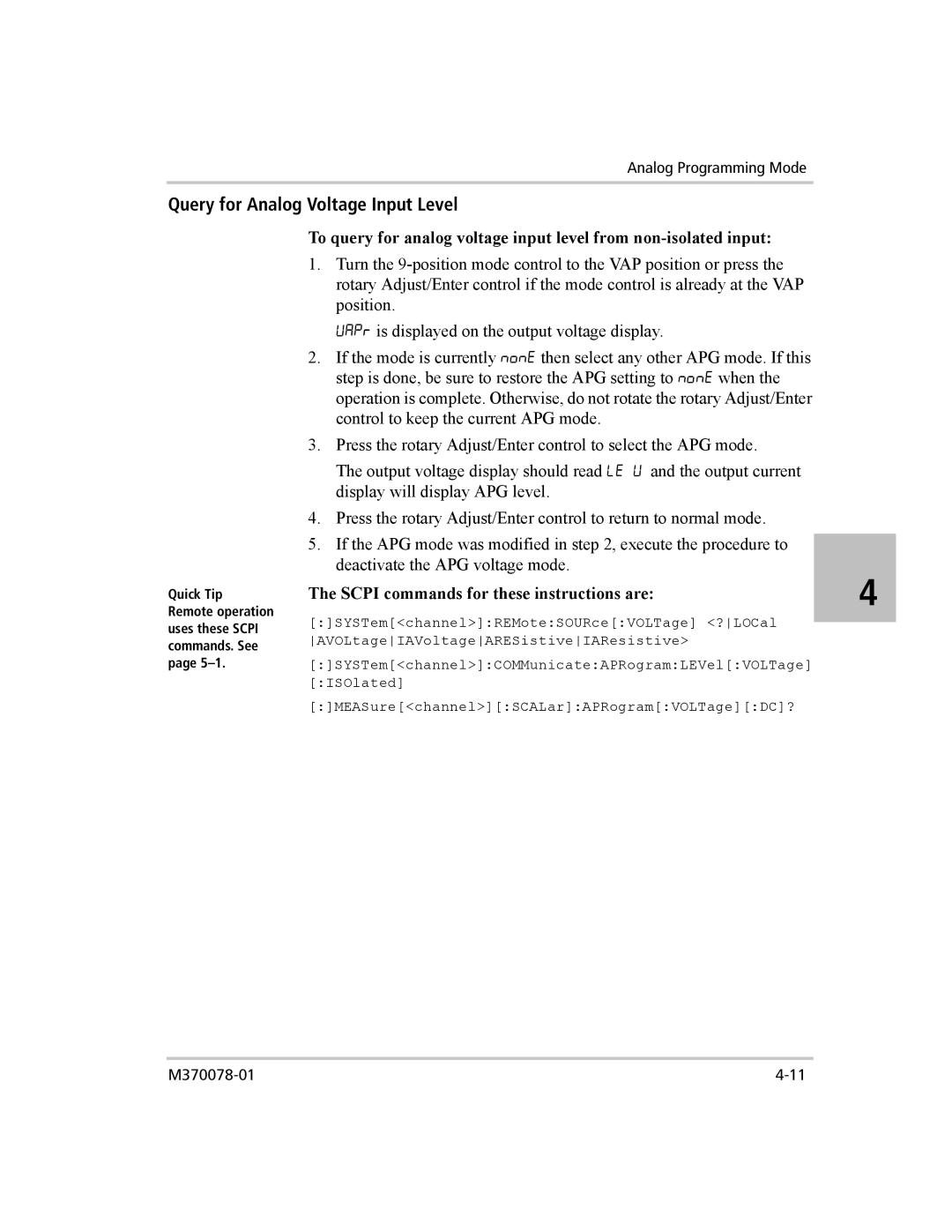 Xantrex Technology XG 850 manual Query for Analog Voltage Input Level, Scpi commands for these instructions are 