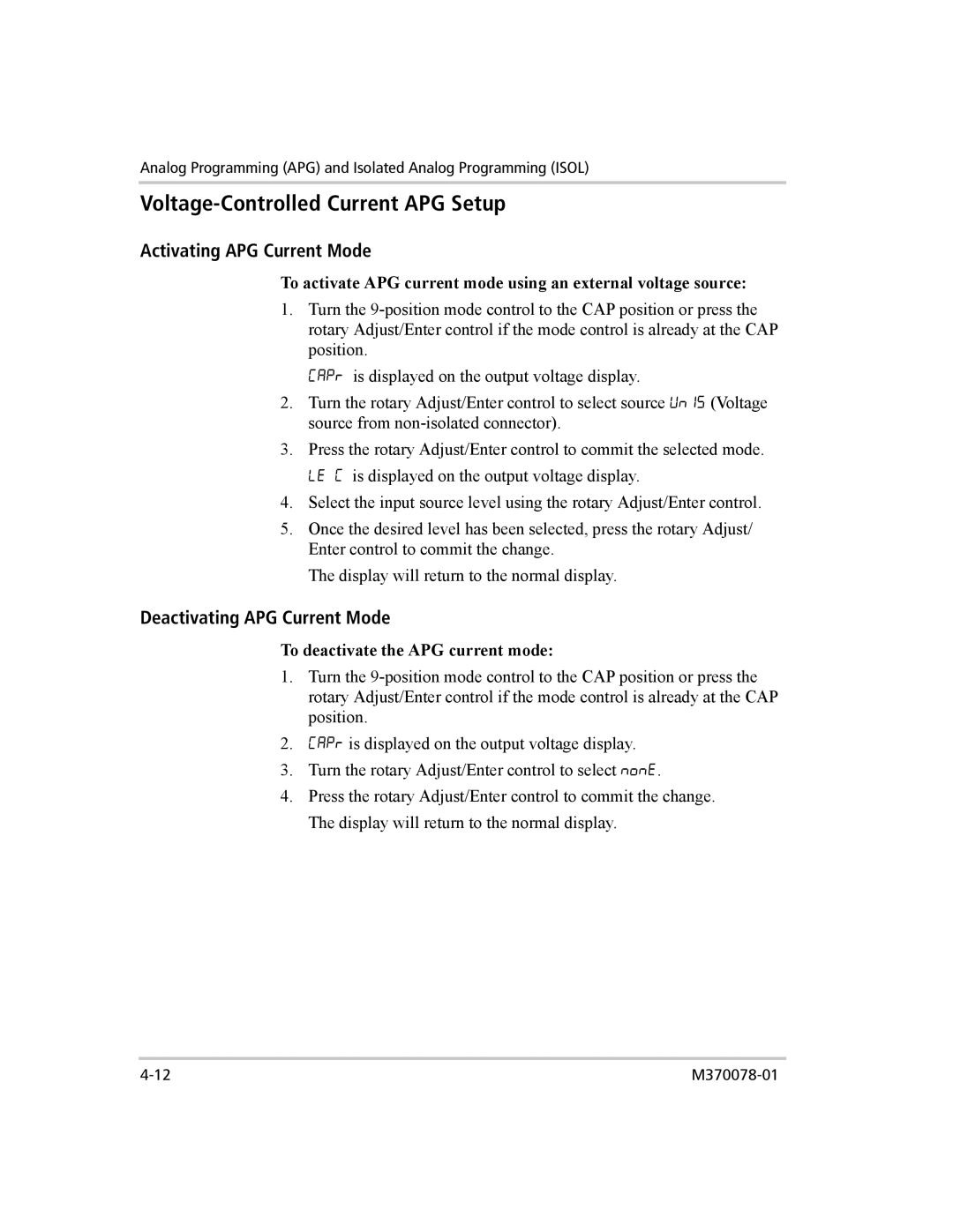 Xantrex Technology XG 850 Voltage-Controlled Current APG Setup, Activating APG Current Mode, Deactivating APG Current Mode 