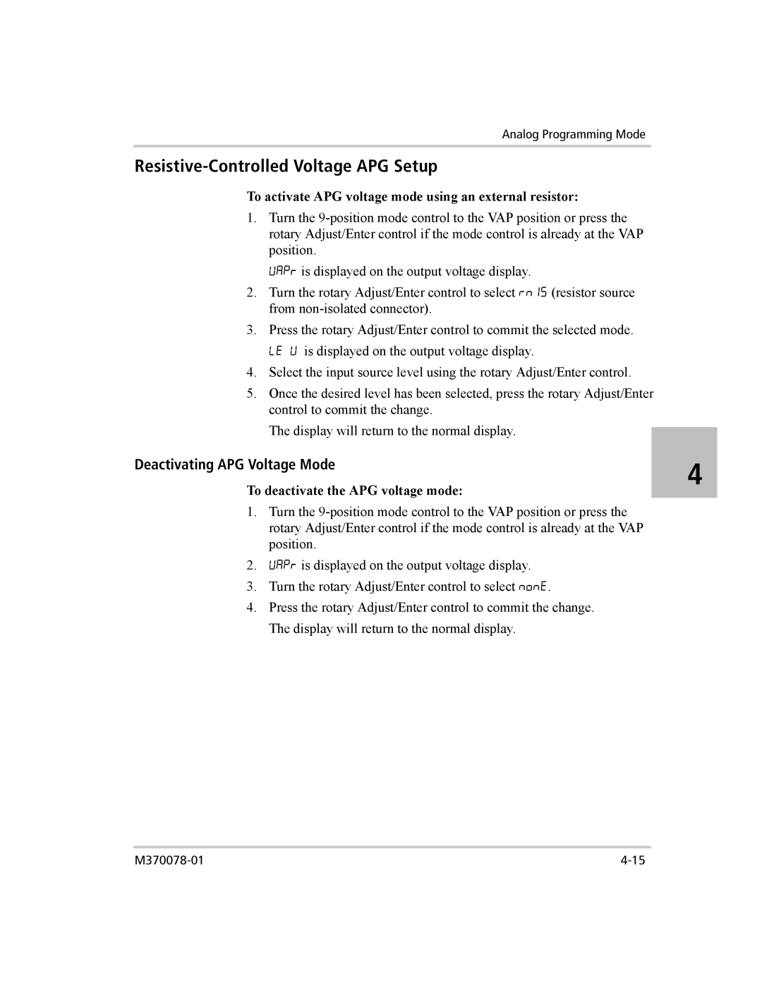 Xantrex Technology XG 850 Resistive-Controlled Voltage APG Setup, To activate APG voltage mode using an external resistor 