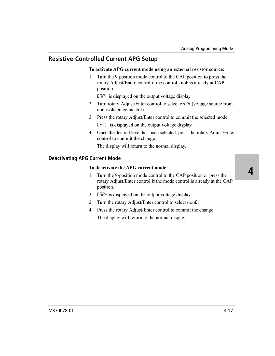 Xantrex Technology XG 850 manual Resistive-Controlled Current APG Setup, Deactivating APG Current Mode 