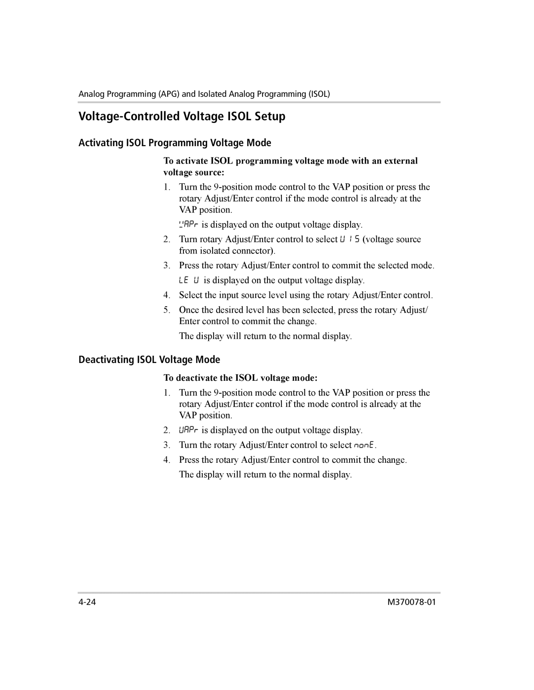 Xantrex Technology XG 850 manual Voltage-Controlled Voltage Isol Setup, Activating Isol Programming Voltage Mode 