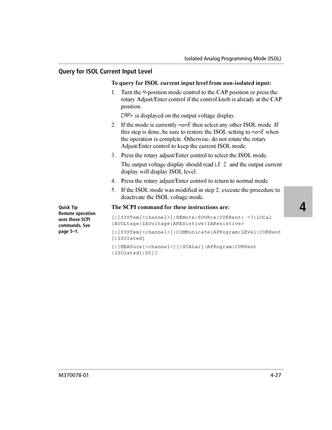 Xantrex Technology XG 850 manual Query for Isol Current Input Level 