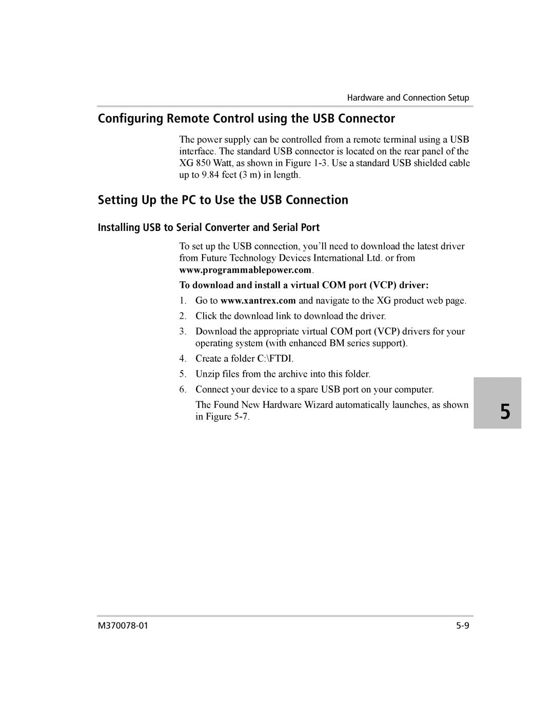 Xantrex Technology XG 850 Configuring Remote Control using the USB Connector, Setting Up the PC to Use the USB Connection 