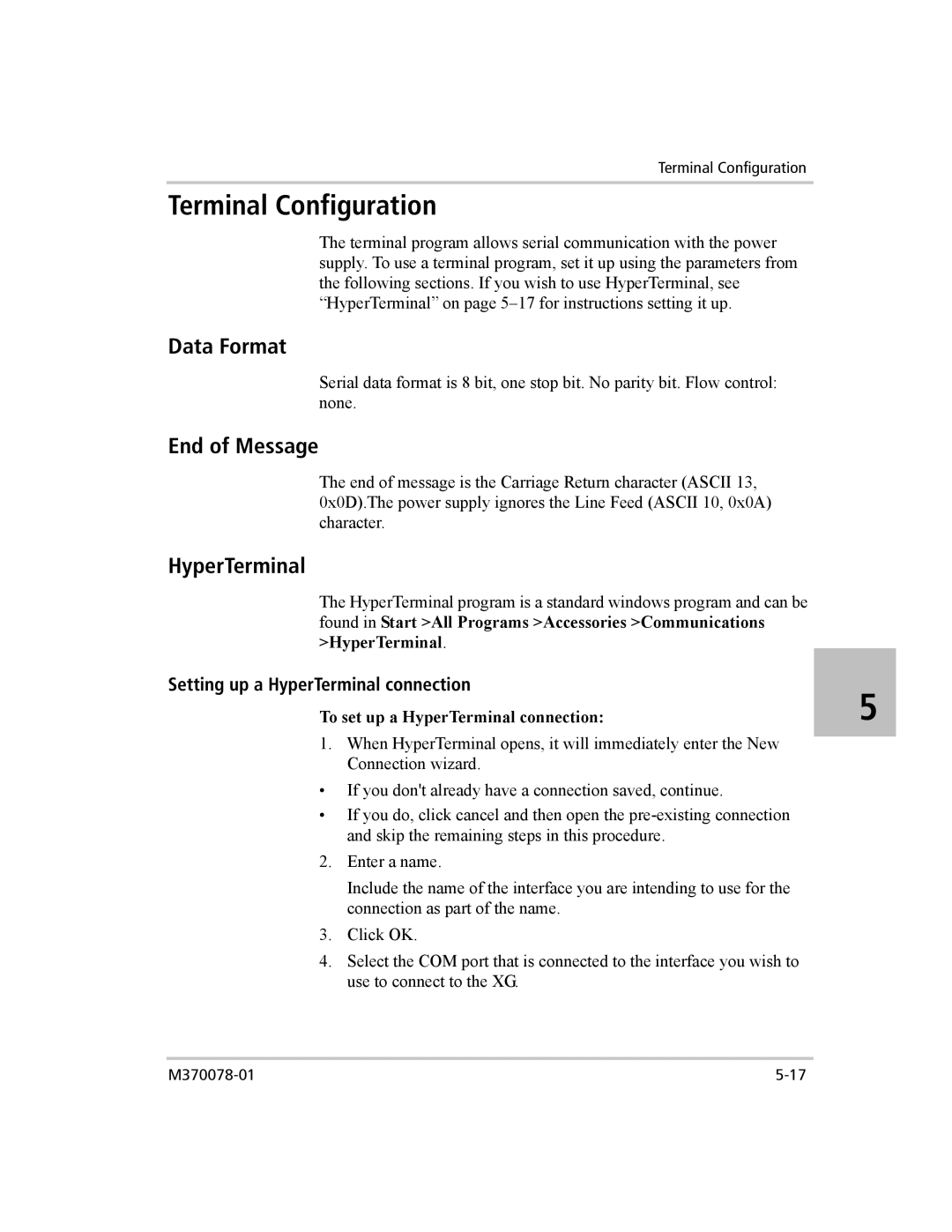 Xantrex Technology XG 850 manual Terminal Configuration, Data Format, End of Message, HyperTerminal 