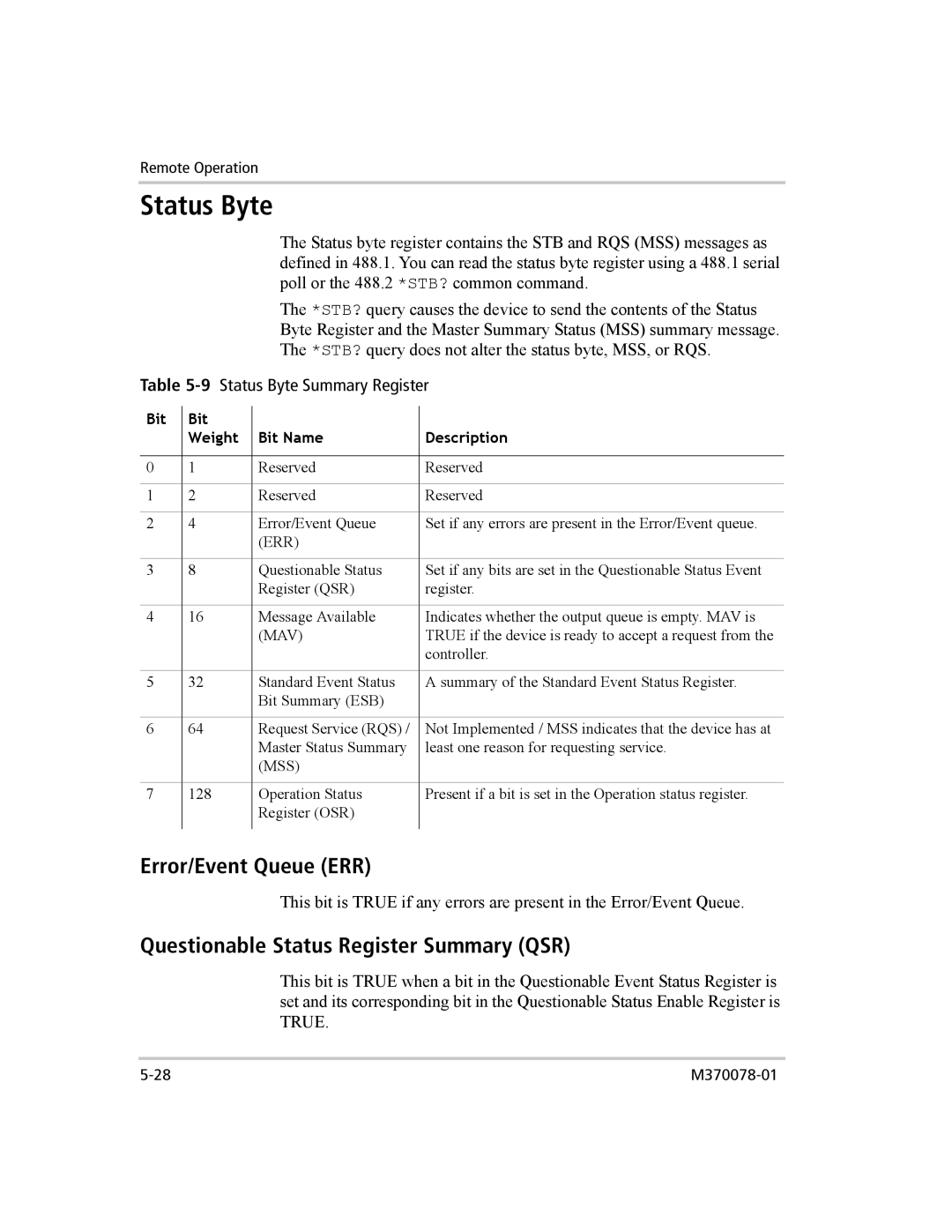 Xantrex Technology XG 850 manual Status Byte, Error/Event Queue ERR, Questionable Status Register Summary QSR 