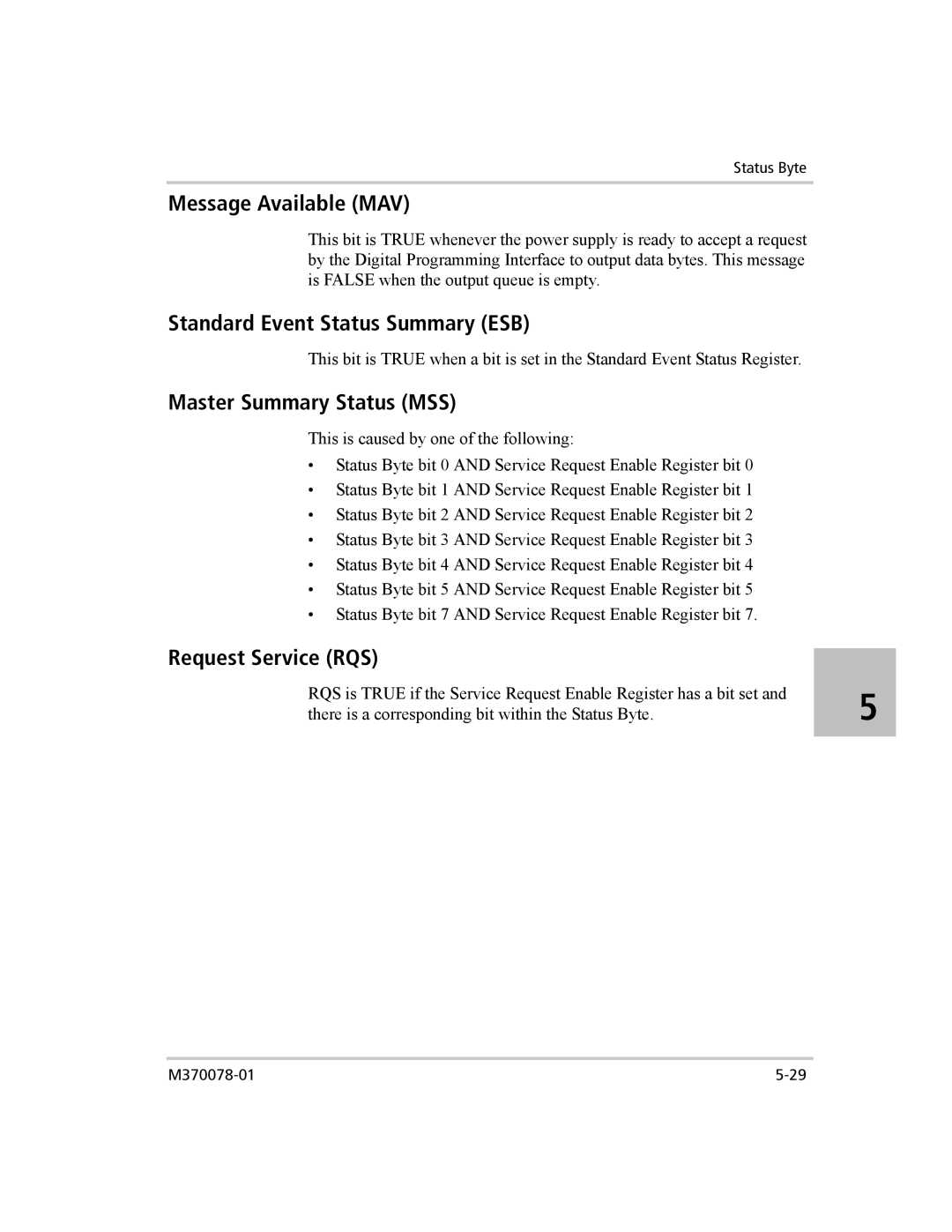 Xantrex Technology XG 850 manual Message Available MAV, Standard Event Status Summary ESB, Master Summary Status MSS 