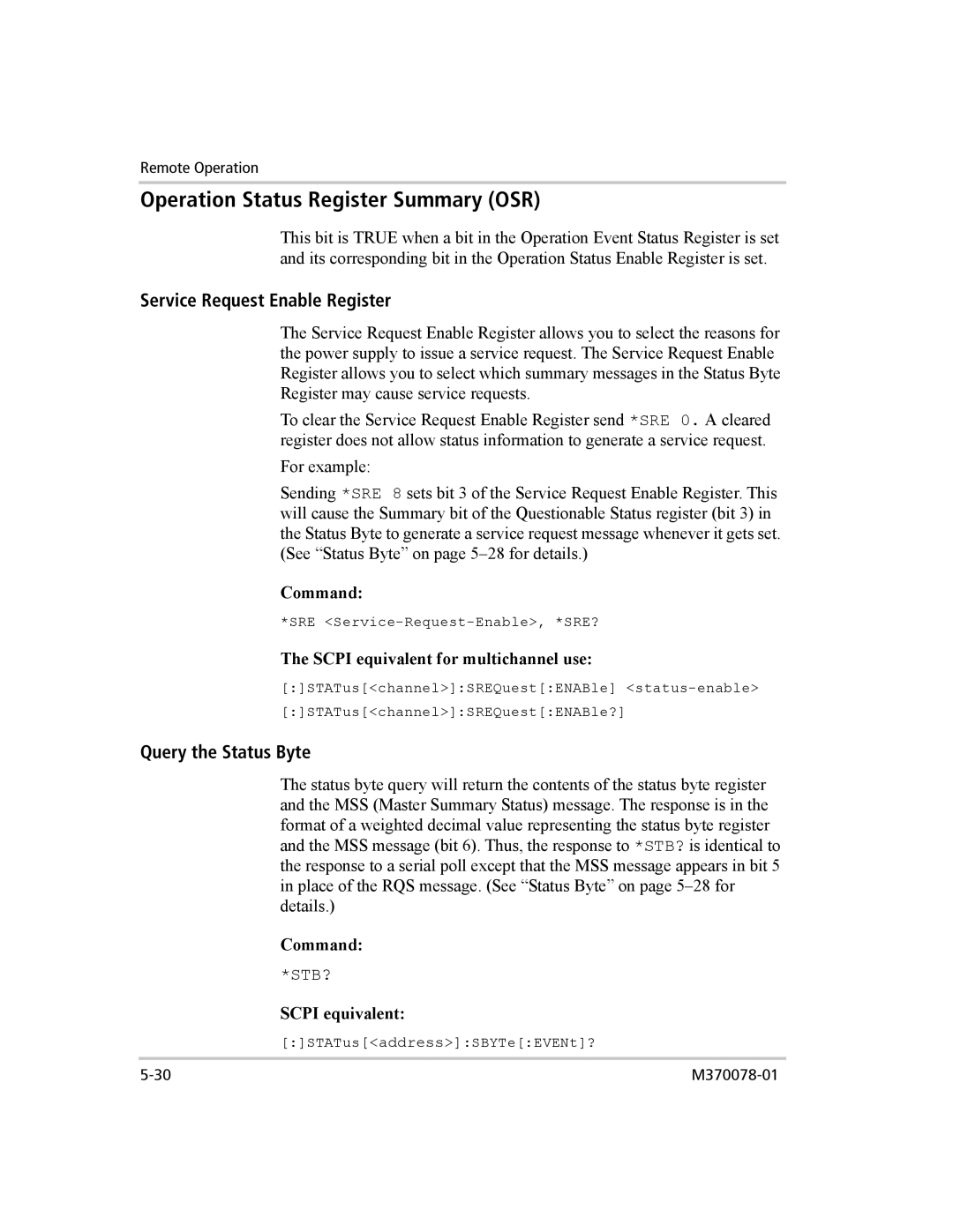 Xantrex Technology XG 850 Operation Status Register Summary OSR, Service Request Enable Register, Query the Status Byte 