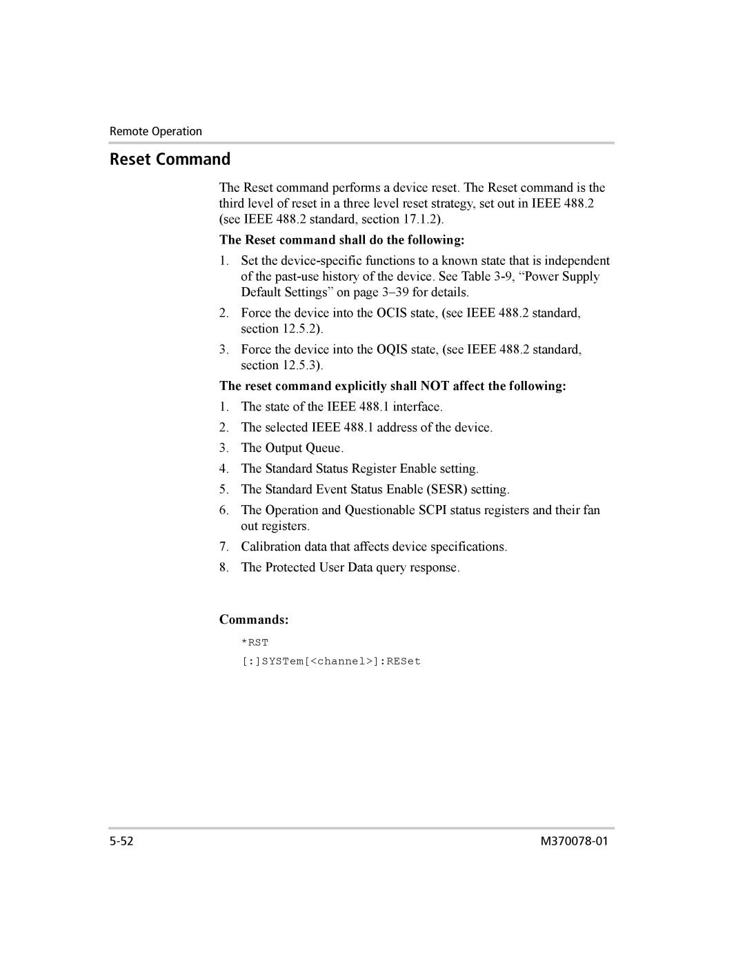 Xantrex Technology XG 850 manual Reset Command, Reset command shall do the following, Commands 