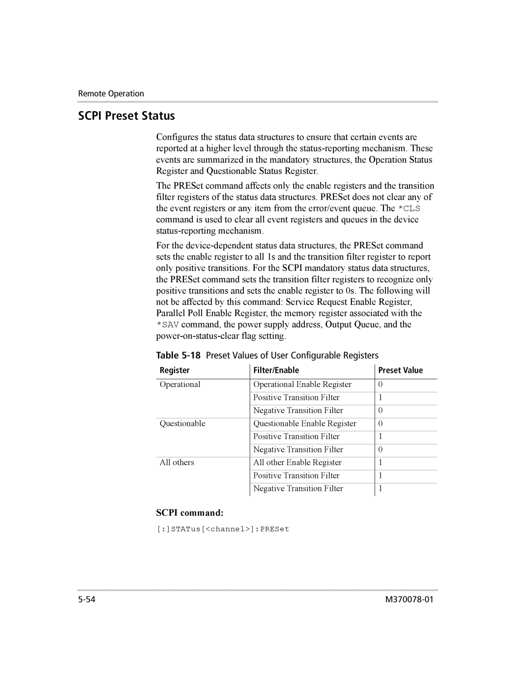 Xantrex Technology XG 850 manual Scpi Preset Status, Preset Values of User Configurable Registers 