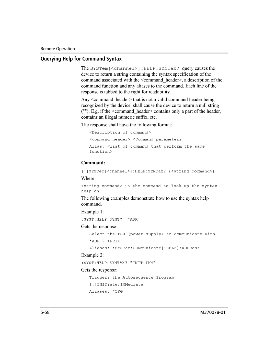 Xantrex Technology XG 850 manual Querying Help for Command Syntax, Gets the response 