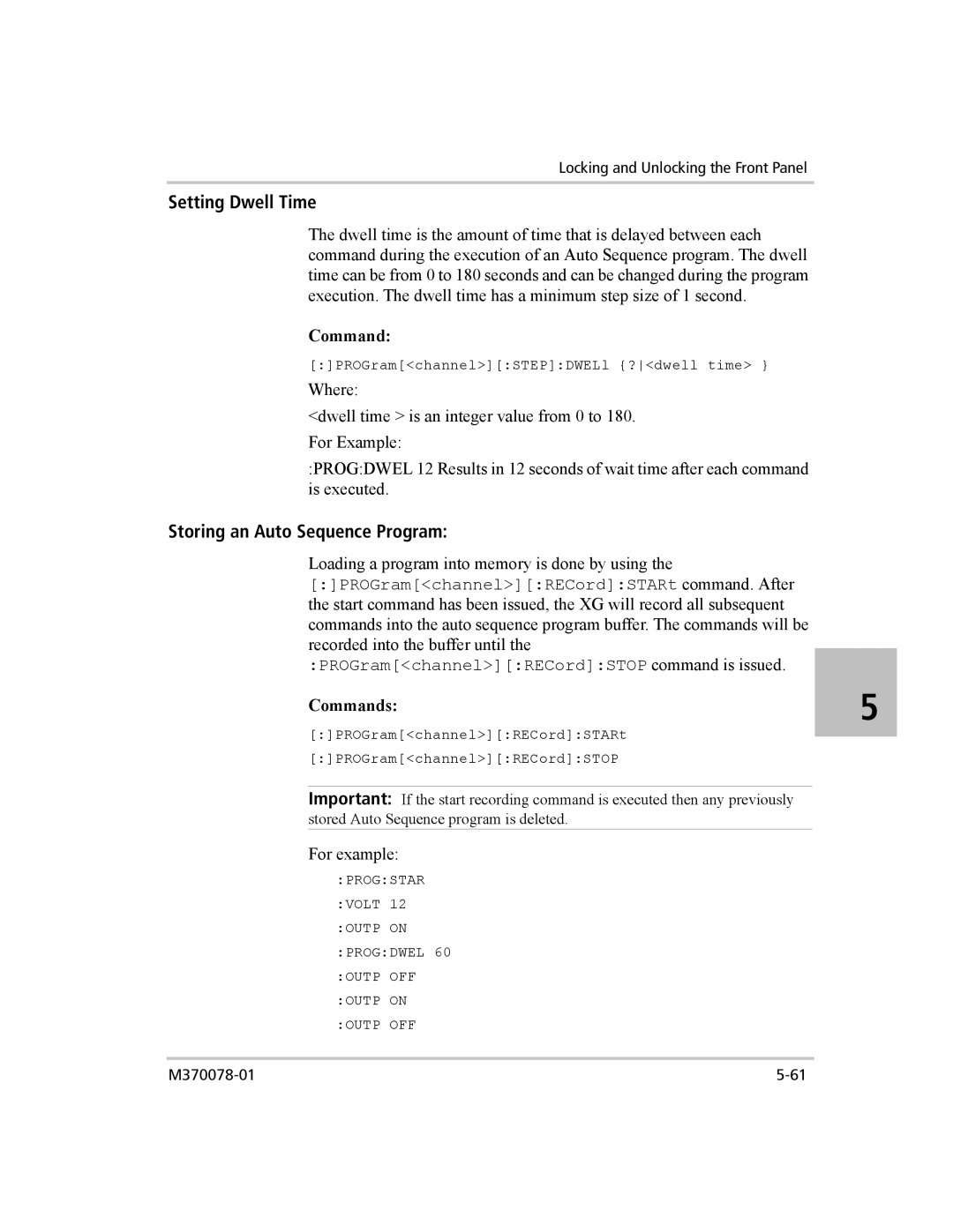 Xantrex Technology XG 850 manual Setting Dwell Time, Storing an Auto Sequence Program 