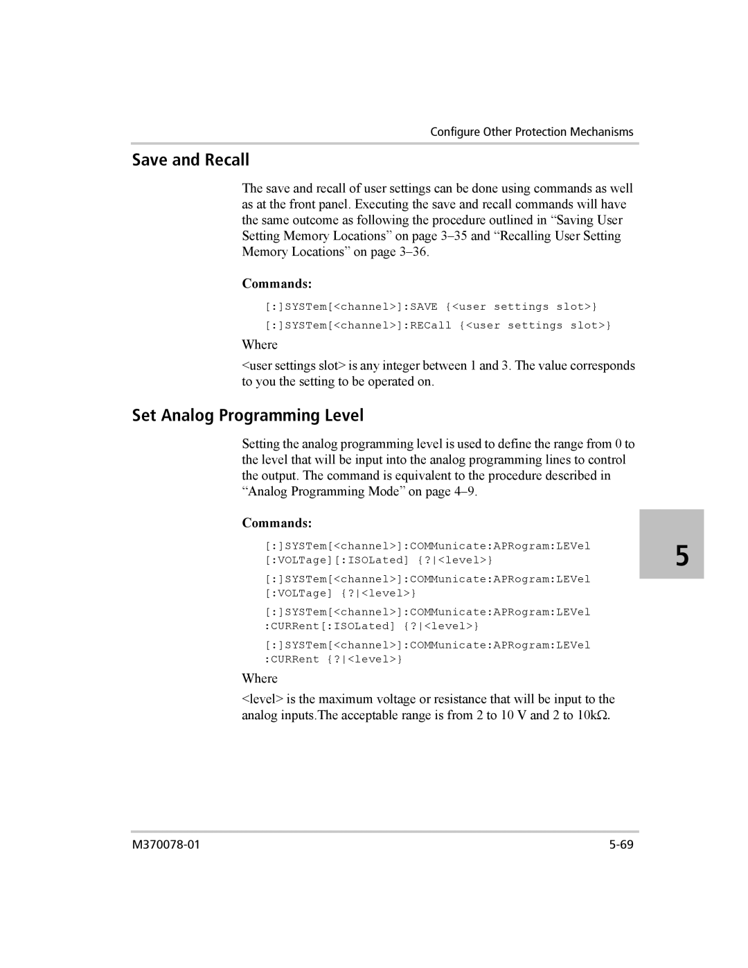 Xantrex Technology XG 850 manual Save and Recall, Set Analog Programming Level 