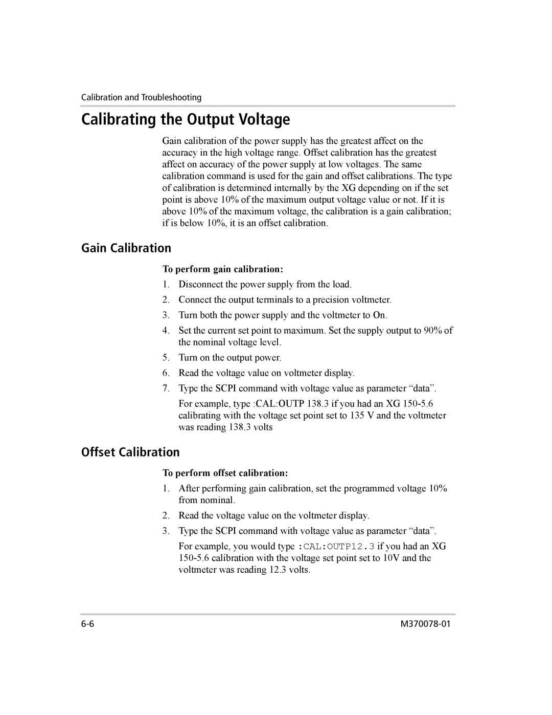 Xantrex Technology XG 850 manual Calibrating the Output Voltage, To perform gain calibration, To perform offset calibration 