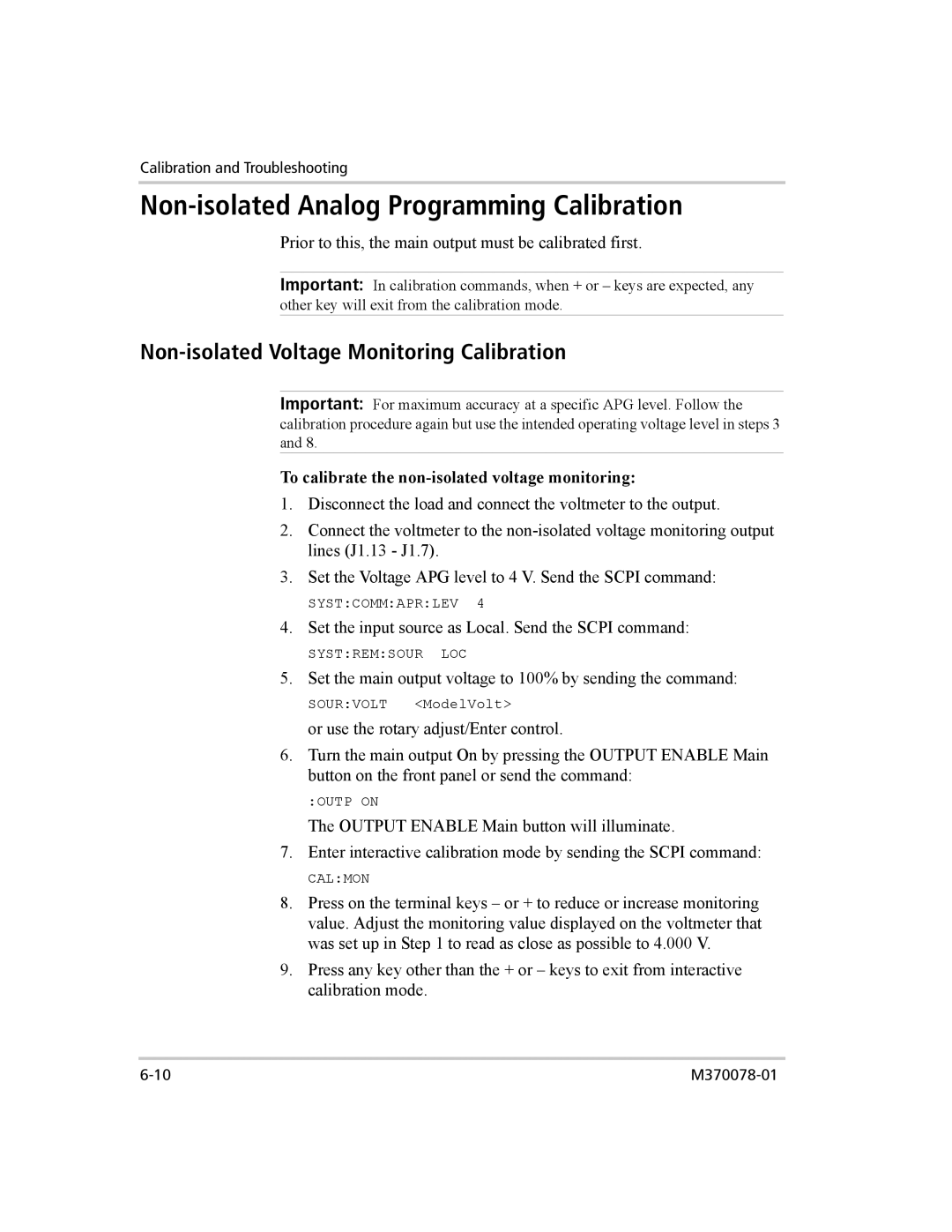 Xantrex Technology XG 850 manual Non-isolated Analog Programming Calibration, Non-isolated Voltage Monitoring Calibration 