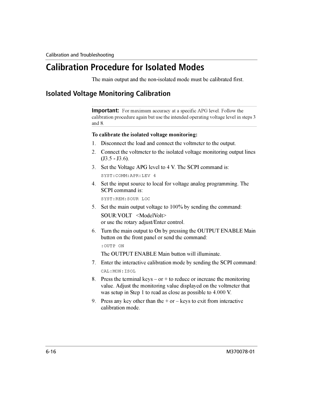 Xantrex Technology XG 850 manual Calibration Procedure for Isolated Modes, Isolated Voltage Monitoring Calibration 