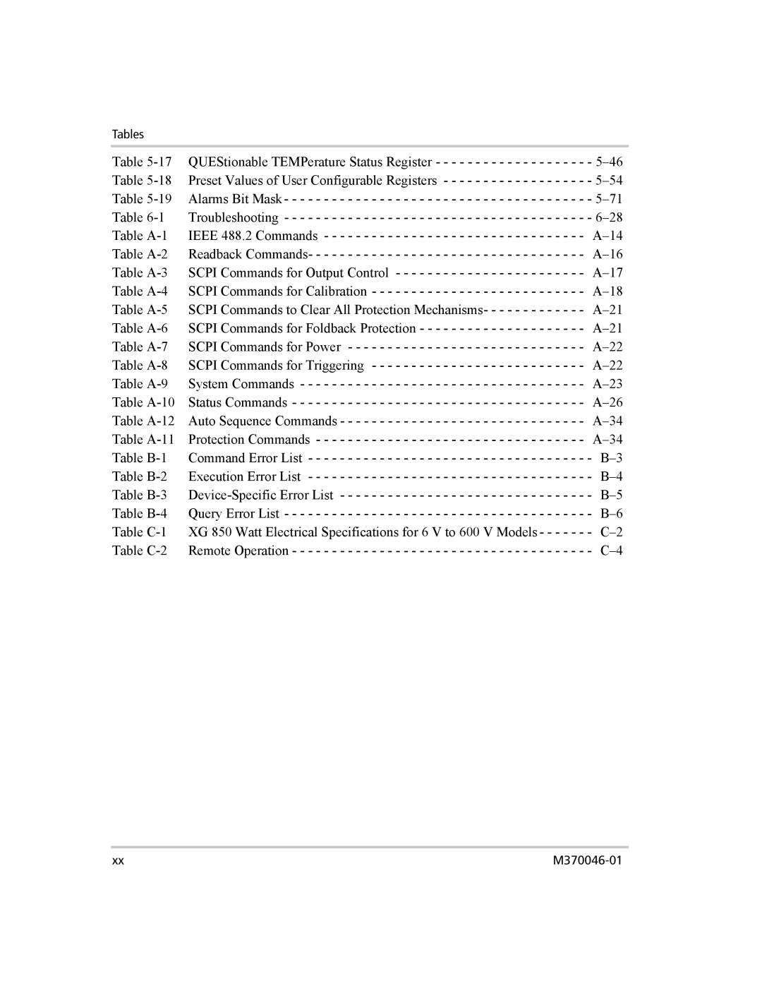 Xantrex Technology XG 850 manual Tables 