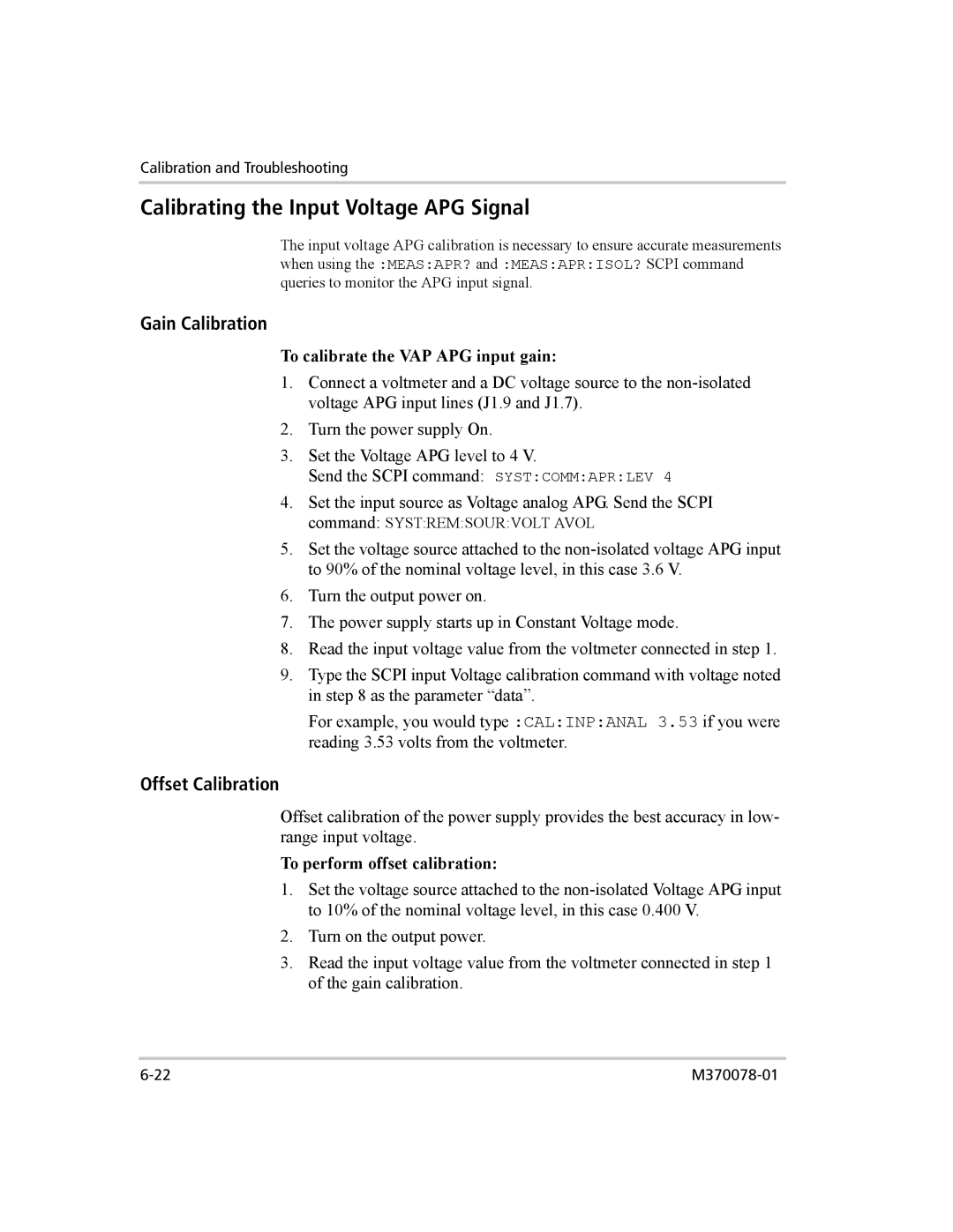 Xantrex Technology XG 850 manual Calibrating the Input Voltage APG Signal, Gain Calibration, Offset Calibration 