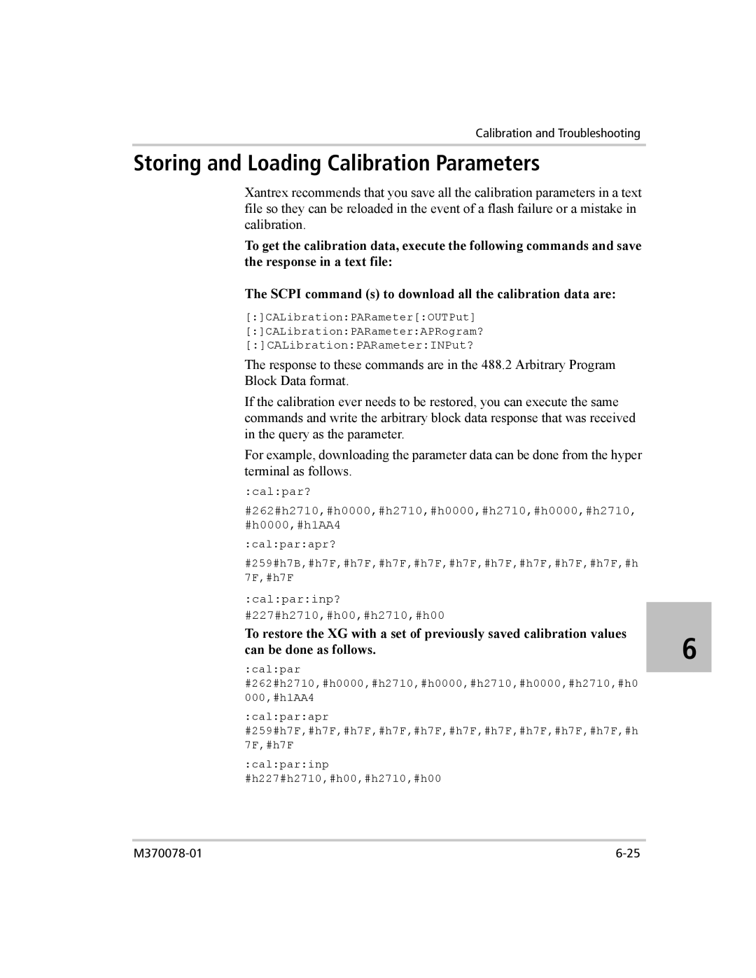 Xantrex Technology XG 850 manual Storing and Loading Calibration Parameters 