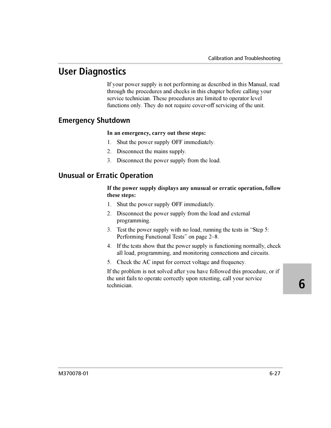 Xantrex Technology XG 850 manual User Diagnostics, Emergency Shutdown, Unusual or Erratic Operation 