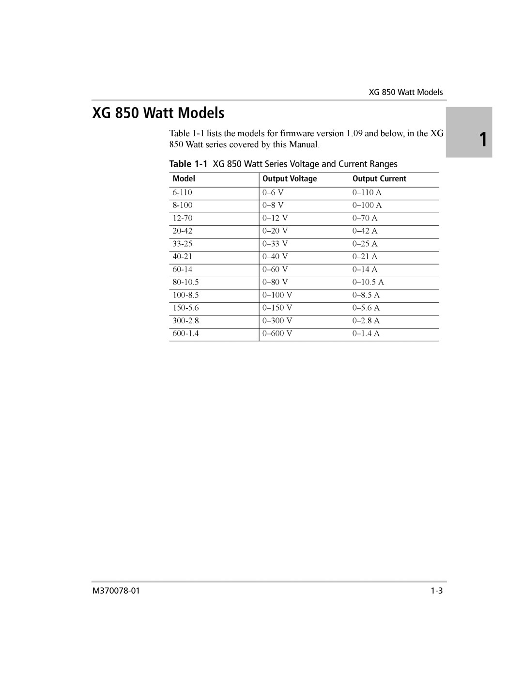 Xantrex Technology manual XG 850 Watt Models, XG 850 Watt Series Voltage and Current Ranges 