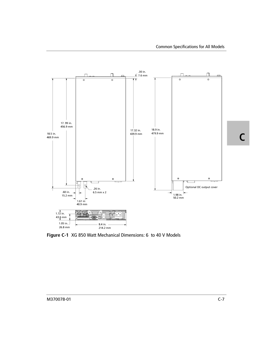 Xantrex Technology manual Figure C-1XG 850 Watt Mechanical Dimensions 6 to 40 V Models 