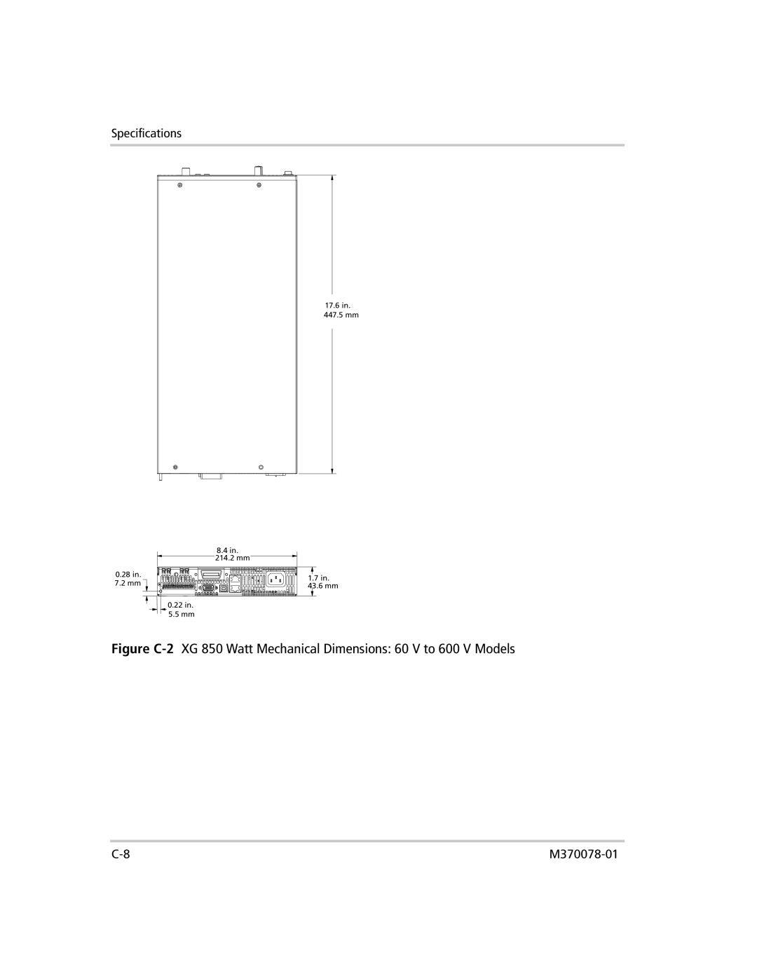 Xantrex Technology XG 850 manual 17.6 447.5 mm 214.2 mm 43.6 mm 22 in .5 mm 