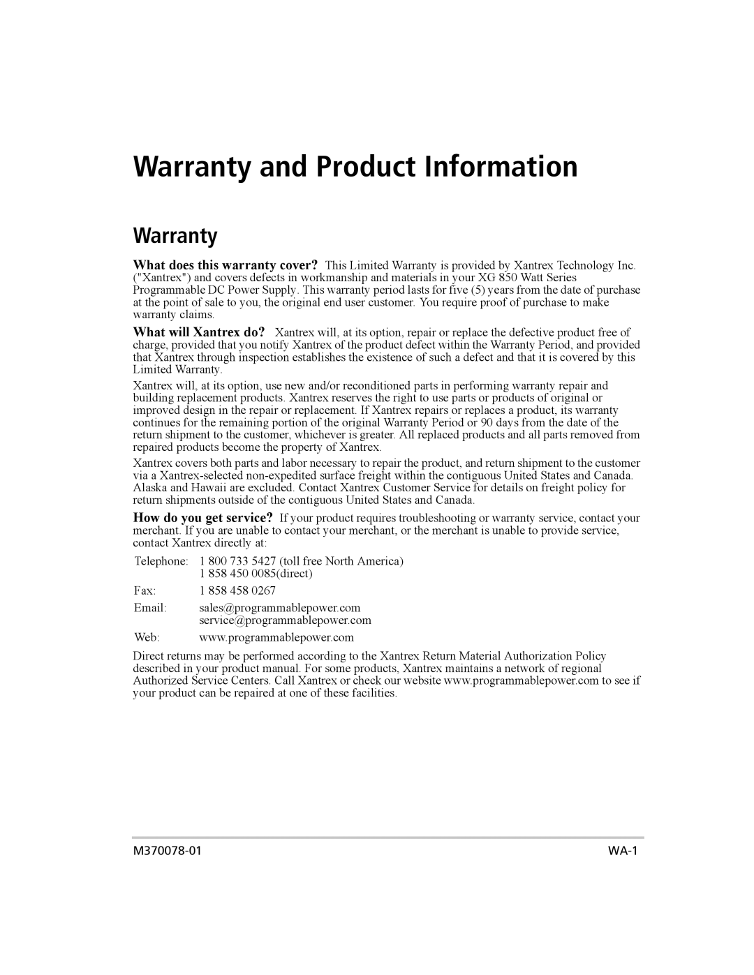 Xantrex Technology XG 850 manual Warranty and Product Information 